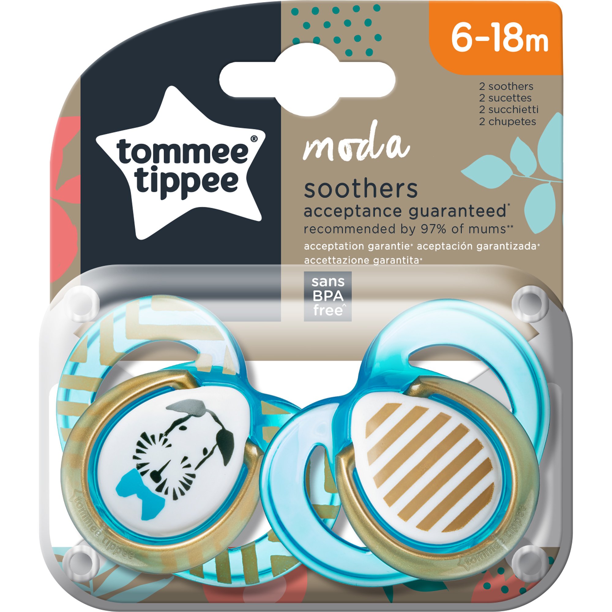 Tommee Tippee Moda Soothers Κωδ 433490 Ορθοδοντική Πιπίλα Σιλικόνης με Σχέδιο 6-18m Γαλάζιο 2 Τεμάχια