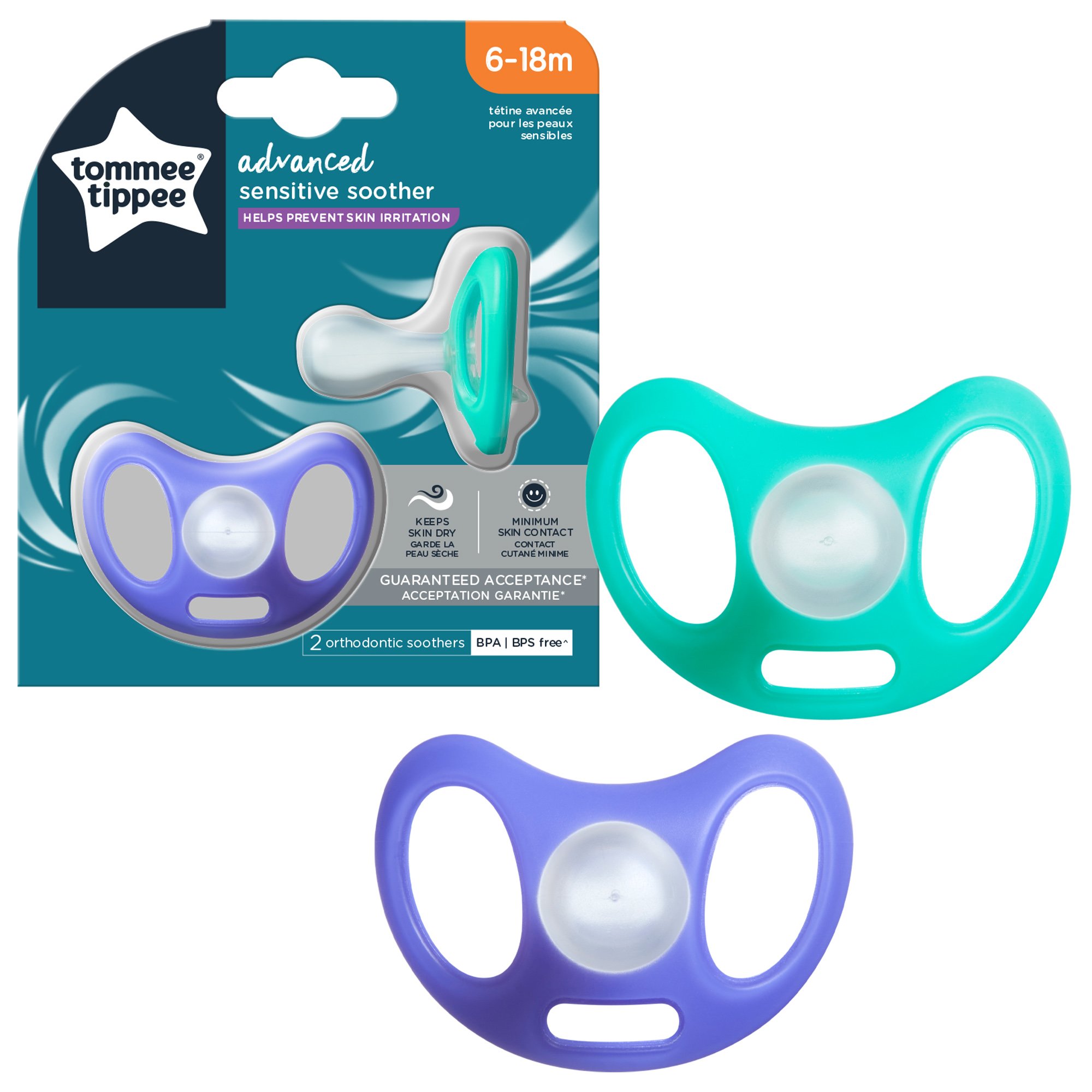 Tommee Tippee Advanced Sensitive Soother 6-18m Πιπίλες Σιλικόνης Κατά των Ερεθισμών 2 Τεμάχια Κωδ 43349403 – Σιέλ / Μωβ
