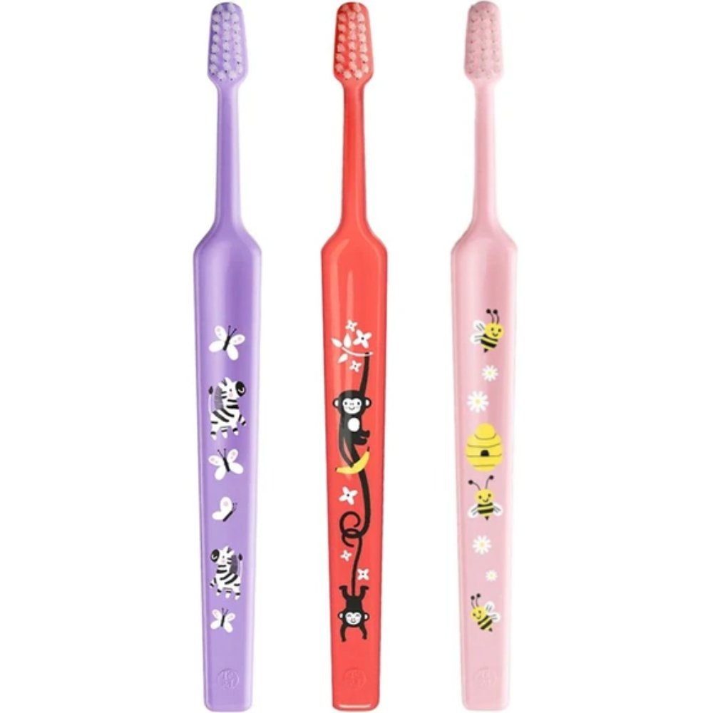 TePe Mini Extra Soft 0-6 Years Toothbrush Παιδική Οδοντόβουρτσα με Κωνική Κεφαλή & Αποστρογγυλεμένες Ίνες 3 Τεμάχια - Λιλά/ Κοραλί/ Ρόζ