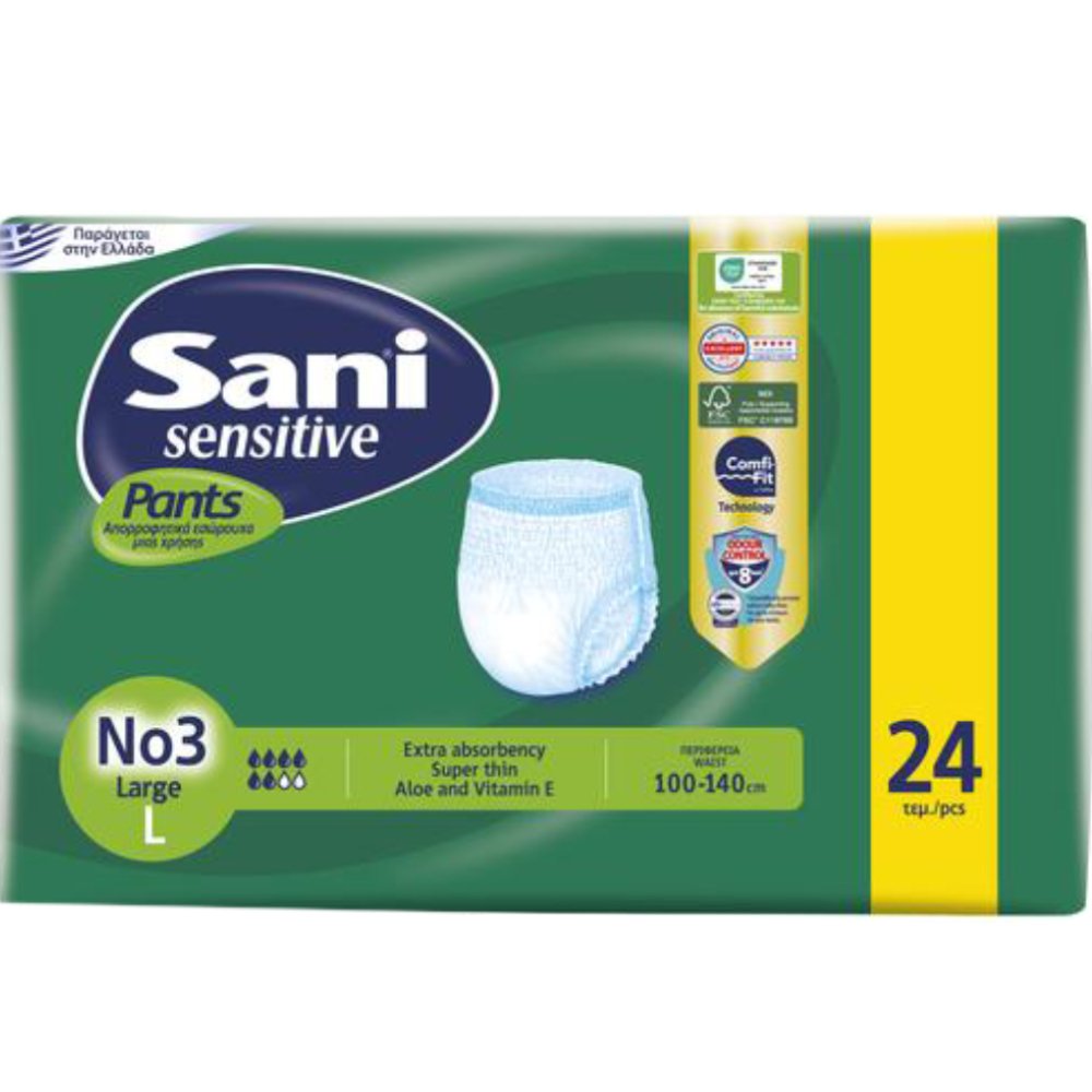 Sani Sani Sensitive Pants Νο3 Large Ελαστικό Εσώρουχο Ακράτειας  που Προσφέρουν Αποτελεσματική Προστασία Από Διαρροές & Οσμές 24 Τεμάχια
