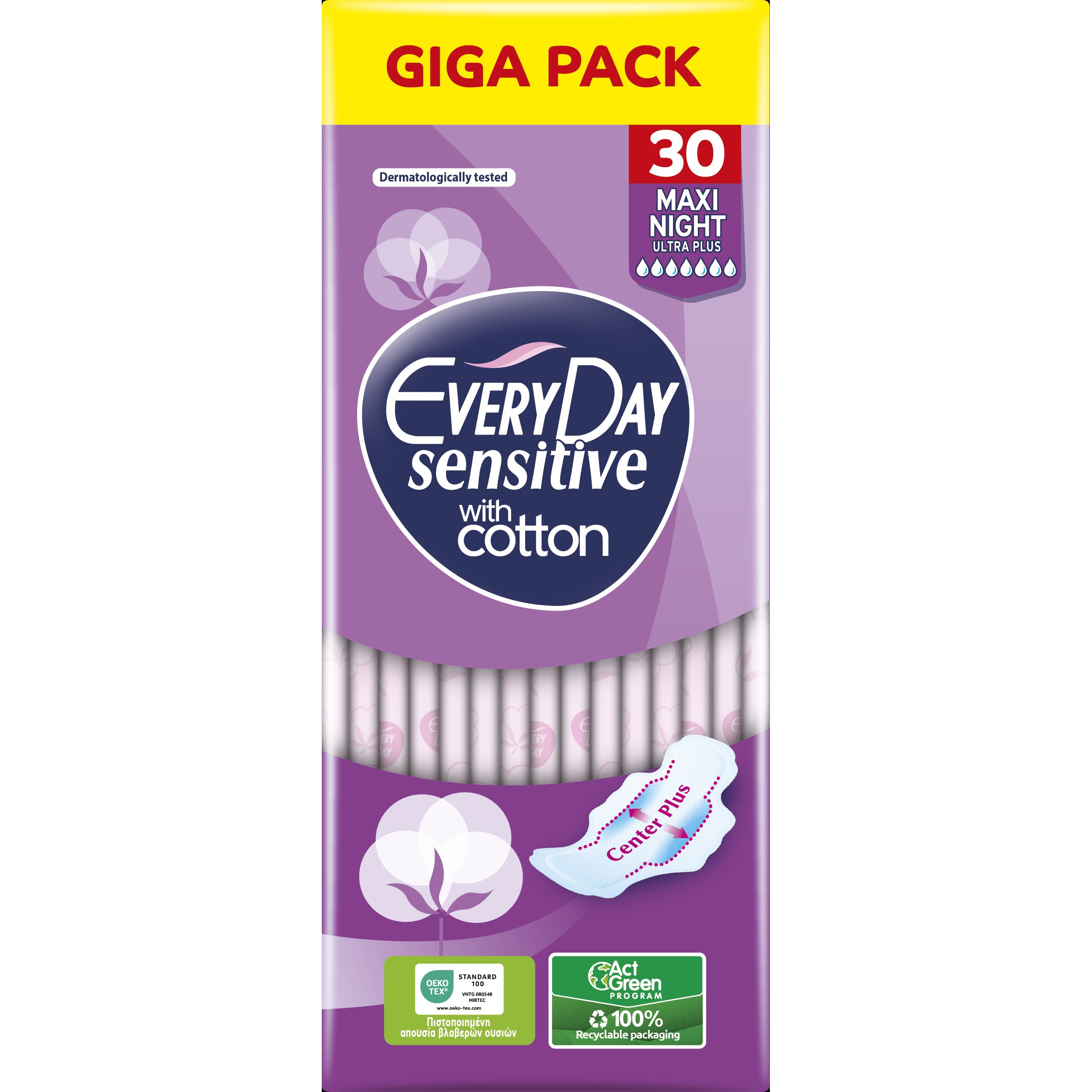 Every Day Every Day Sensitive with Cotton Maxi Night Ultra Plus Λεπτές Σερβιέτες Μεγάλου Μήκους με Φτερά Κατάλληλες για τη Νύχτα ή για Περιπτώσεις Μεγάλης Ροής 30 Τεμάχια