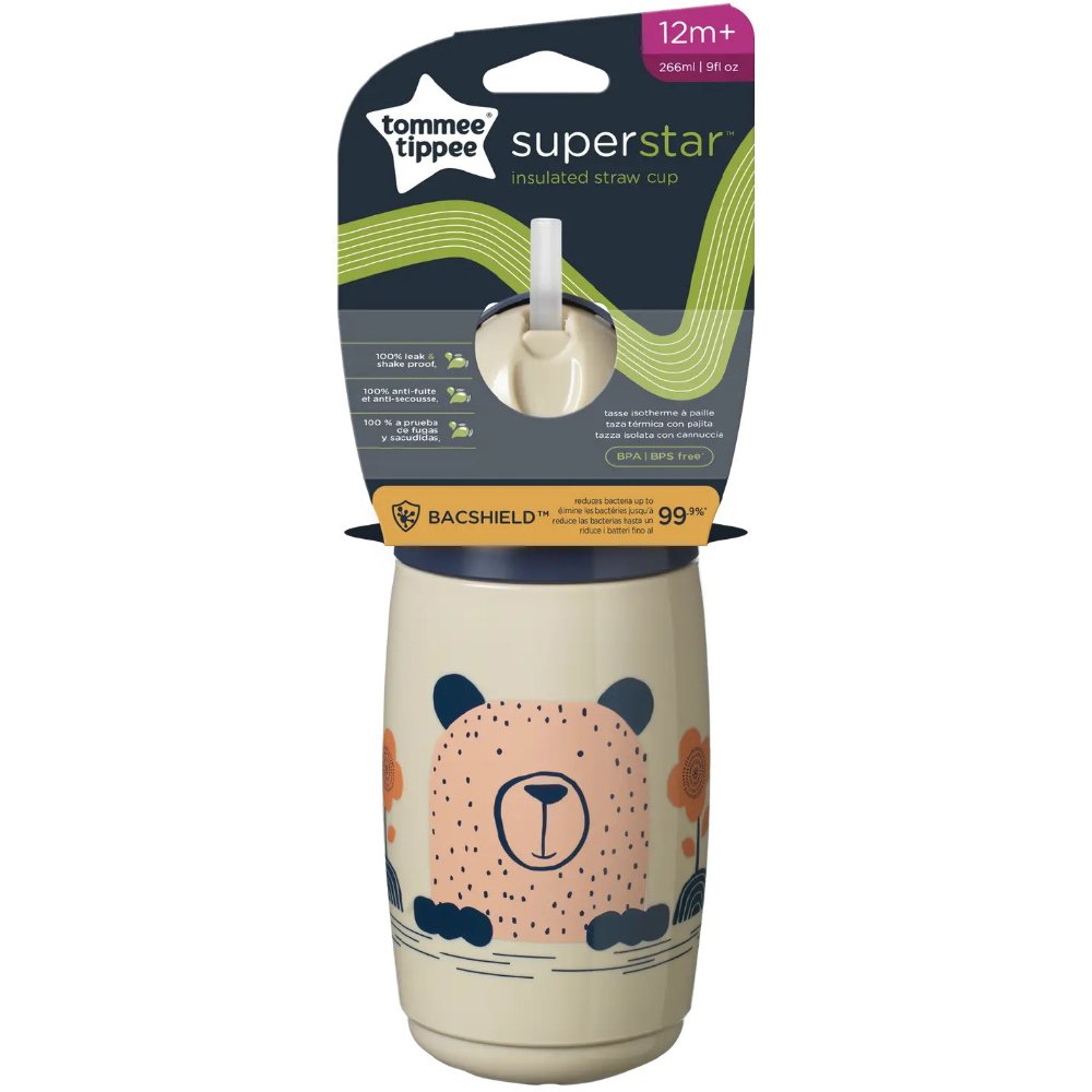 Tommee Tippee SuperStar Bacshield Insulated Straw Cup 12m+ Εκπαιδευτικό Κύπελλο Ισοθερμικό με Καλαμάκι Γκρι για Μικρά Παιδιά 266ml