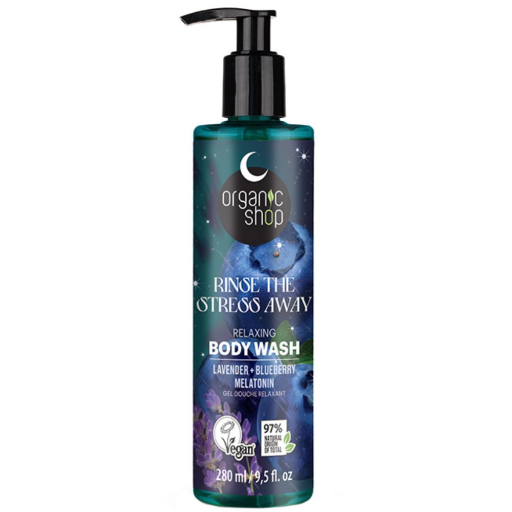Organic Shop Rinse the Stress Away Relaxing Lavender & Blueberry Melatonin Body Wash Ενυδατικό Χαλαρωτικό Αφρόλουτρο με Μελατονίνη Λεβάντα & Βατόμουρο όπου Θρέφει την Επιδερμίδα & Προάγει Βαθύ & Ξεκούραστο Ύπνο με Αντλία 280ml