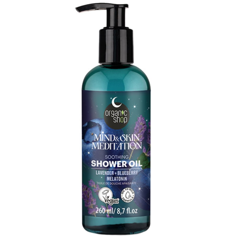 Organic Shop Mind & Skin Meditation Soothing Lavender & Blueberry Melatonin Shower Oil Ενυδατικό Χαλαρωτικό Λάδι για Ντούς με Μελατονίνη Λεβάντα & Βατόμουρο για να Χαλαρώνουν το Μυαλό & να Αναζωογονούν την Επιδερμίδα με Αντλία 260ml