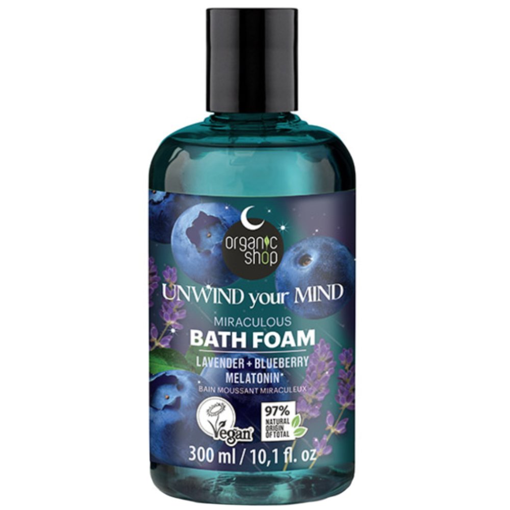 Organic Shop Unwind your Mind Miraculous Lavender & Blueberry Melatonin Bath Foam Ενυδατικό Χαλαρωτικό Αφρόλουτρο με Μελατονίνη Λεβάντα & Βατόμουρο για Απόλυτη Χαλάρωση & Ήρεμο Ύπνο 300ml