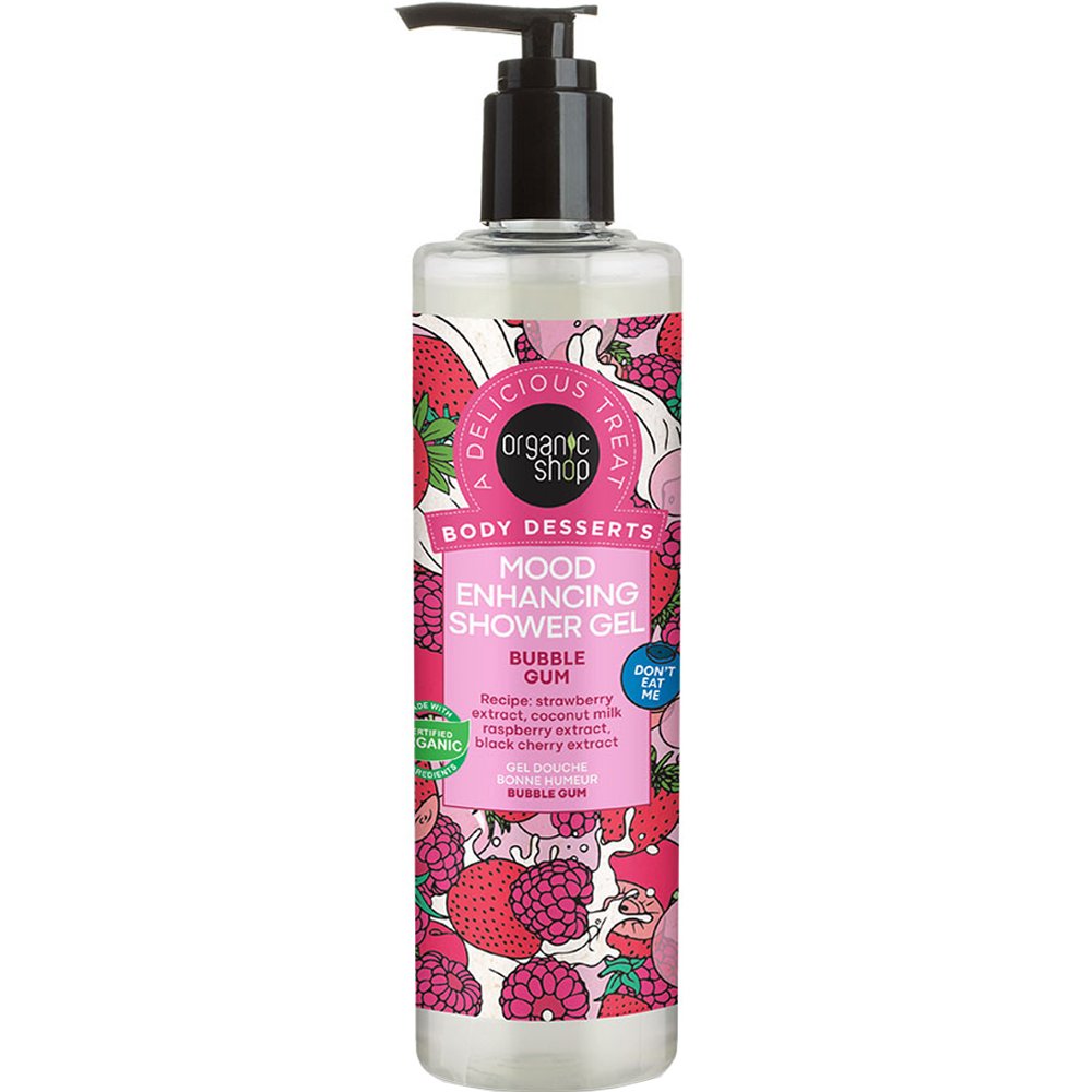 Organic Shop Body Desserts Bubble Gum Mood Enhancing Shower Gel Αναζωογονητικό Αφρόλουτρο με Εκχύλισμα Φράουλας, Μαύρου Κερασιού, Βατόμουρου & Έλαιο Καρύδας για Δέρμα Μεταξένιο & Σφριγηλό με Αντλία 280ml