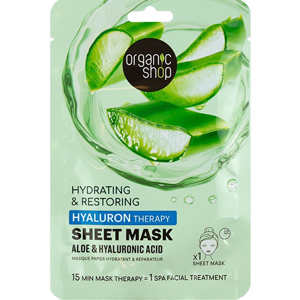 Organic Shop Hyaluron Therapy Hydrating & Restoring Sheet Mask Υφασμάτινη Μάσκα Προσώπου με Υαλουρονικό Οξύ & Αλόη για Ενυδάτωση & Αποκατάσταση 1 Τεμάχιο