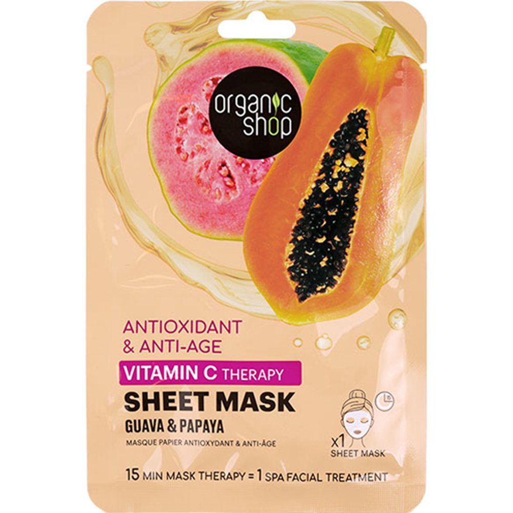 Organic Shop Vitamin C Therapy Antioxidant & Anti Age Sheet Mask Υφασμάτινη Μάσκα Προσώπου με Βιταμίνη C, Γκουάβα & Παπάγια για Αντιγήρανση με Αντιοξειδωτική Δράση 1 Τεμάχιο