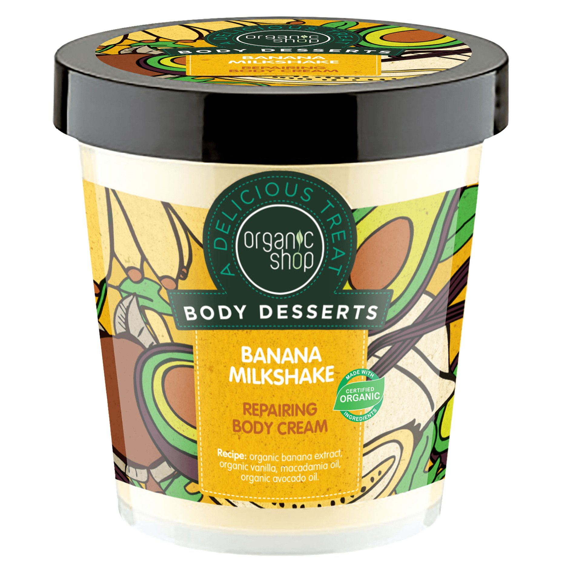 Organic Shop Body Desserts Banana Milkshake Repairing Body Cream Επανορθωτική Κρέμα Σώματος με Άρωμα Milkshake Μπανάνα 450ml
