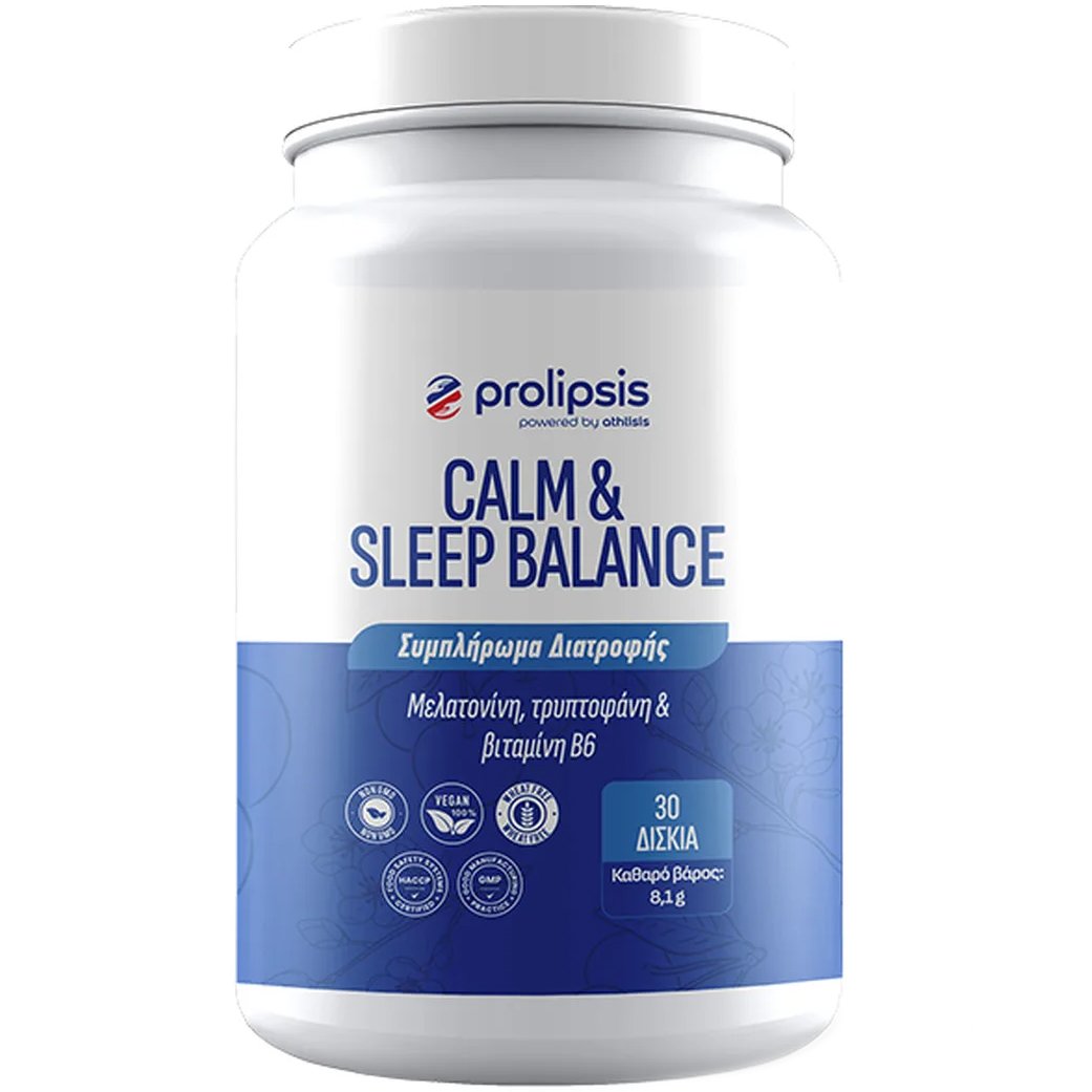Prolipsis Calm & Sleep Balance Συμπλήρωμα Διατροφής με Εξειδικευμένη Σύνθεση Μελατονίνης, Τρυπτοφάνης & Βιταμίνης Β6 που Υποστηρίζει τη Χαλάρωση του Οργανισμού & Συμβάλλει στη Βελτίωση της Ποιότητας του Ύπνου 30tabs