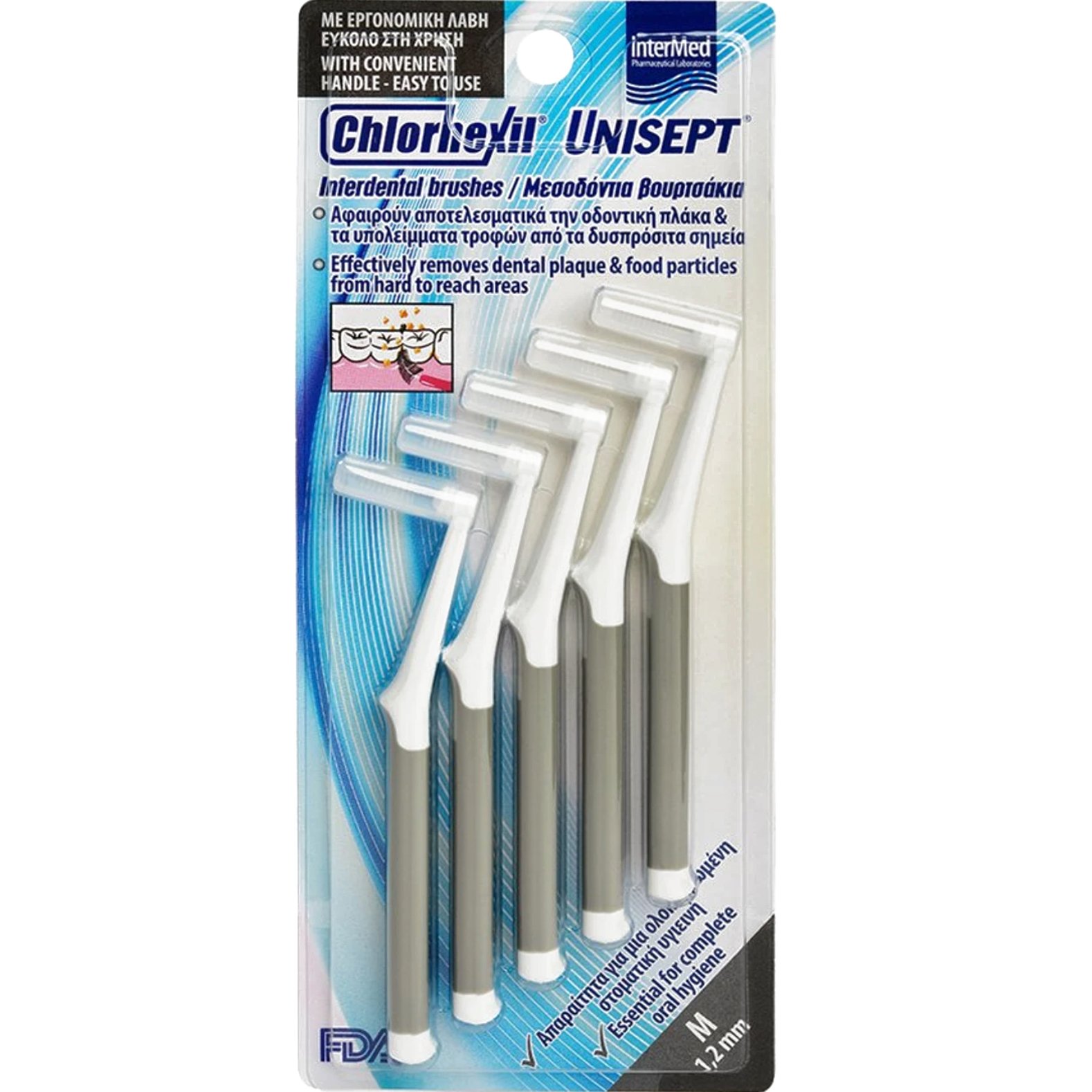 Intermed Unisept Chlorhexil Interdental Brushes Βουρτσάκια για Αποτελεσματικό Καθαρισμό των Μεσοδόντιων Διαστημάτων & των Ορθοδοντικών Μηχανισμών 5 Τεμάχια - Μ 1.2mm
