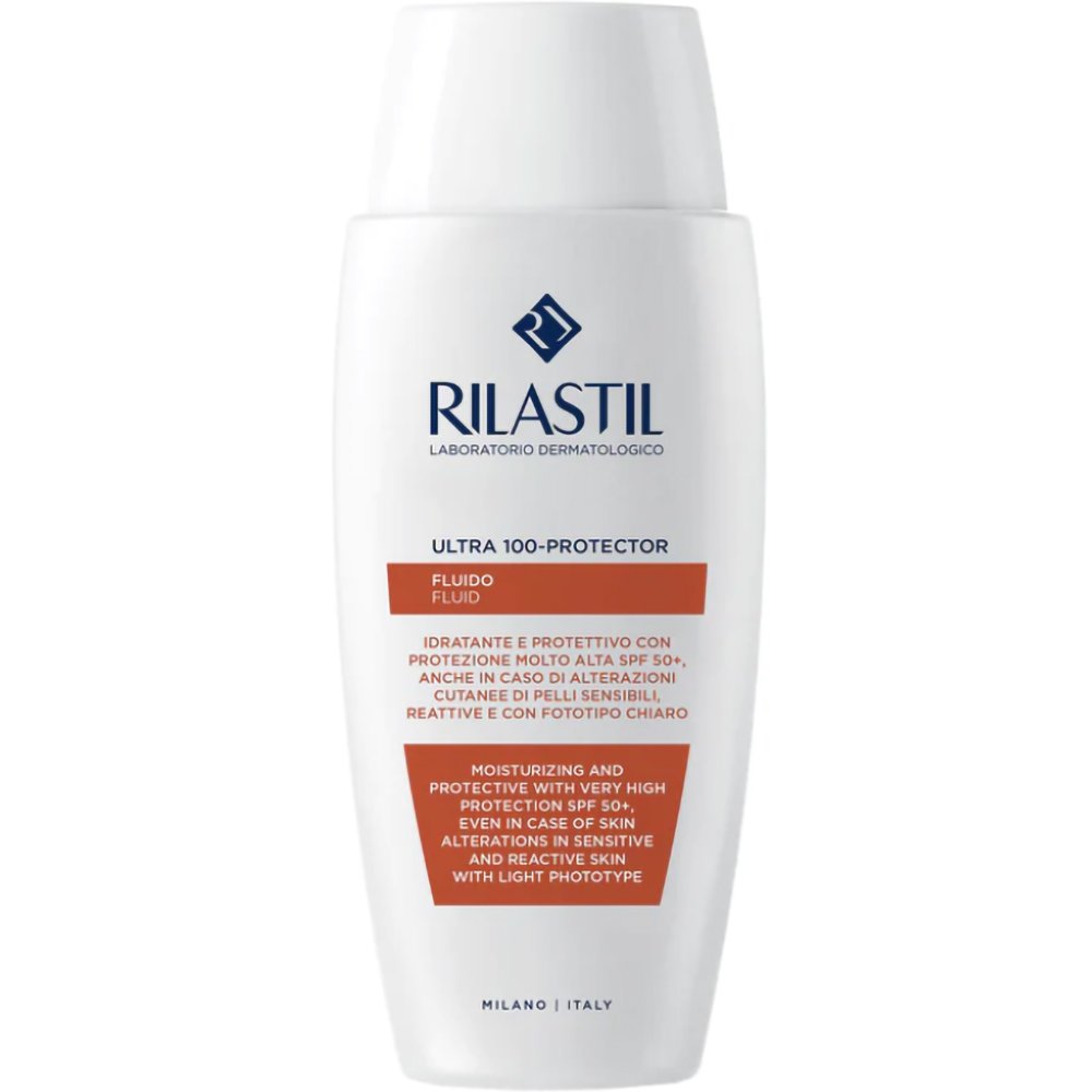 Rilastil Ultra 100-Protector Moisturizing Fluid Spf50+ Λεπτόρρευστο Ενυδατικό, Αντηλιακό Γαλάκτωμα Προσώπου - Σώματος Πολύ Υψηλής Προστασίας, Κατάλληλο για Ευαίσθητες - Αντιδραστικές Επιδερμίδες 50ml