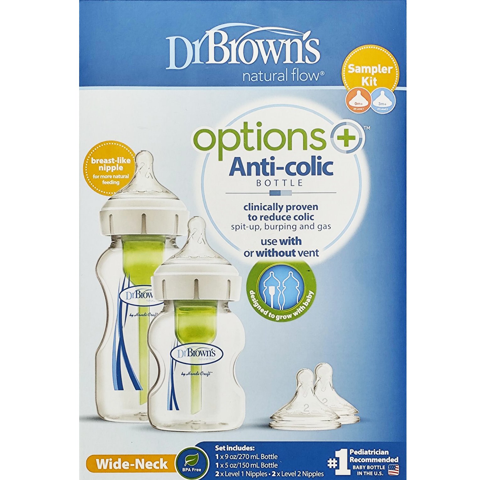 Dr. Brown’s Promo Options+ Anti-colic Plastic Bottle Wide Neck 0m+ (1x270ml) & (1x150ml) & Natural Flow Level 1 & Level 2 Silicone Teat (2x2Τεμάχια)