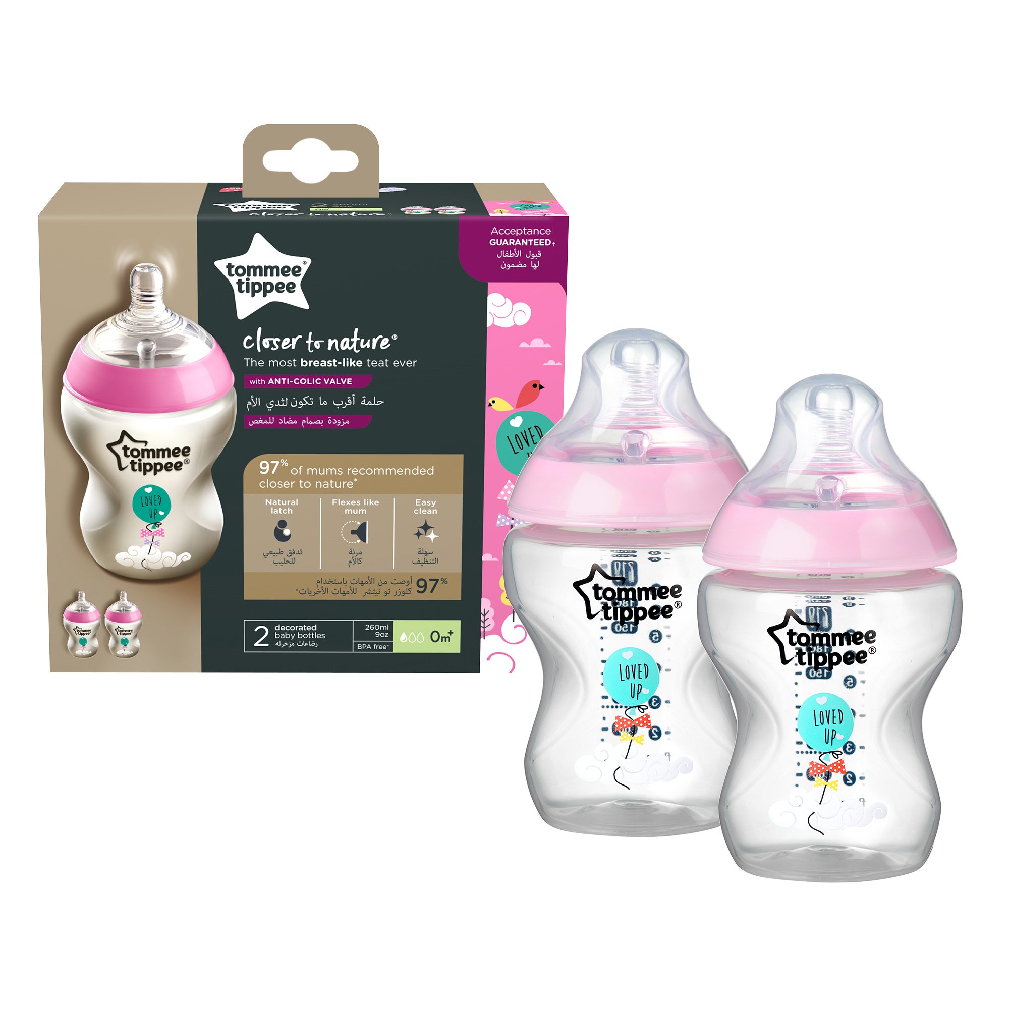 Tommee Tippee Closer to Nature Baby Bottle 0m+ Κωδ 42255089 Μπιμπερό Πολυπροπυλενίου Αργής Ροής με Θηλή Σιλικόνης Κατά των Κολικών, Ροζ με Σχέδιο 2x260ml