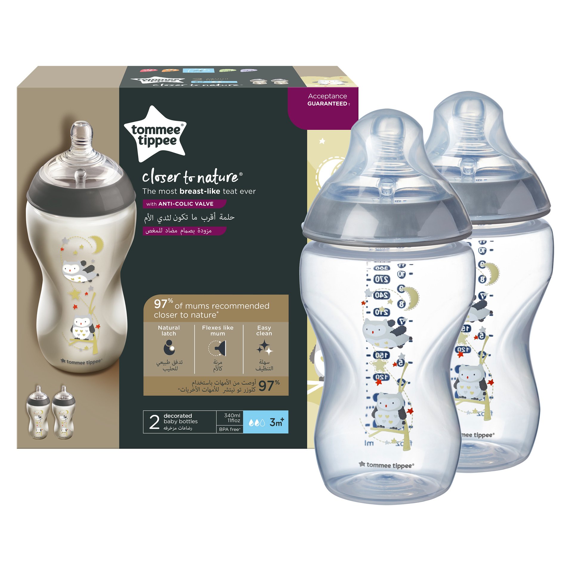 Tommee Tippee Closer to Nature Baby Bottle 3m+ Κωδ 42262103 Μπιμπερό Πολυπροπυλενίου Μέτριας Ροής με Θηλή Σιλικόνης Κατά των Κολικών, με Σχέδιο Ollie the Owl 2x340ml