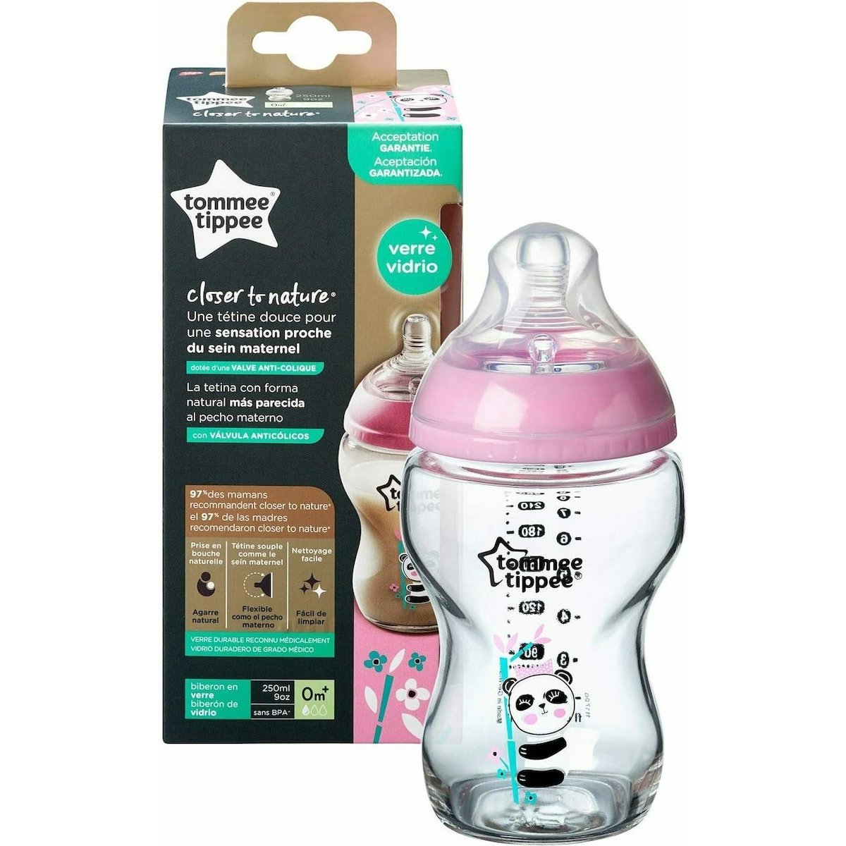 Tommee Tippee Closer to Nature Glass Baby Bottle 0m+ Κωδ 422706 Γυάλινο Μπιμπερό Μικρής Ροής Ροζ με Θηλή Σιλικόνης Κατά των Κολικών 250ml