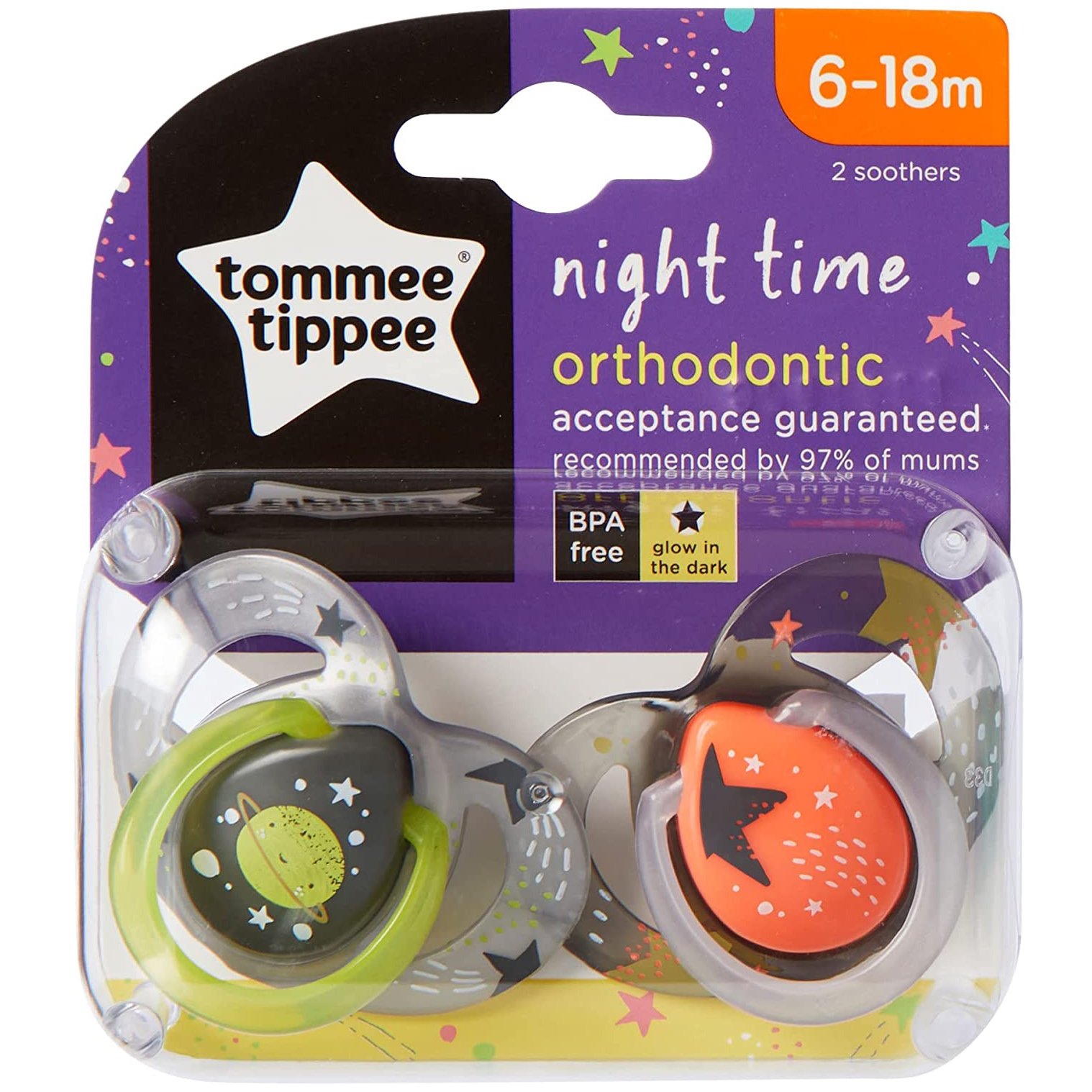 Tommee Tippee Night Time Silicone Soothers Κωδ 433474 Ορθοδοντική Πιπίλα Σιλικόνης που Λάμπει στο Σκοτάδι από 6 Έως 18 Μηνών 2 Τεμάχια