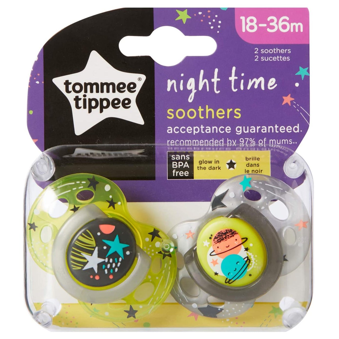 Tommee Tippee Night Time Silicone Soothers Κωδ 433475 Ορθοδοντική Πιπίλα Σιλικόνης που Λάμπει στο Σκοτάδι από 18 Έως 36 Μηνών 2 Τεμάχια