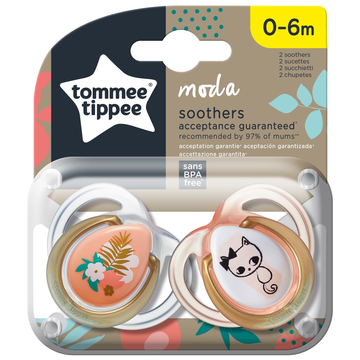 Tommee Tippee Moda Soothers Κωδ 433487 Ορθοδοντική Πιπίλα Σιλικόνης με Σχέδιο 0-6m 2 Τεμάχια