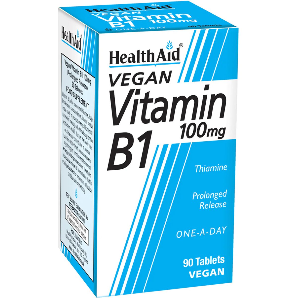 Health Aid Health Aid Vegan Vitamin B1 100mg Συμπλήρωμα Διατροφής Βιταμίνης Β1 (Θειαμίνης) Βραδείας Αποδέσμευσης Φυτικής Προέλευσης για την Καλή Λειτουργία του Νευρικού Συστήματος & Ενέργεια Κατά της Κούρασης & Κόπωσης 90tabs