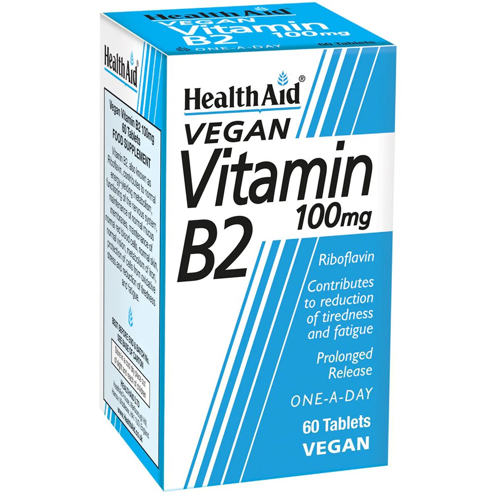 Health Aid Health Aid Vegan Vitamin B2 100mg Συμπλήρωμα Διατροφής Βιταμίνης Β2 (Ριβολφαβίνη) Βραδείας Αποδέσμευσης Φυτικής Προέλευσης για την Παραγωγή Ενέργειας & τη Σωστή Λειτουργία του Μεταβολισμού 60tabs