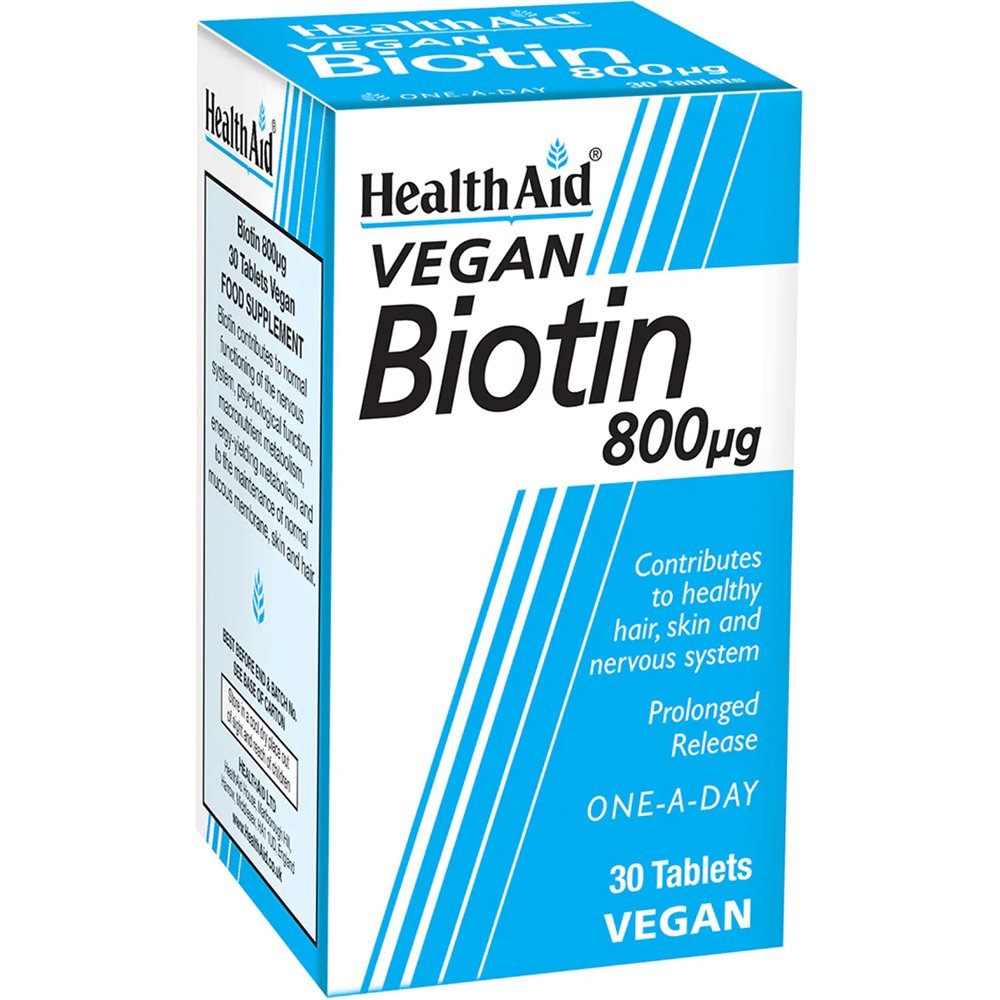 Health Aid Health Aid Vegan Biotin 800μg Συμπλήρωμα Διατροφής Βιοτίνης (Βιταμίνης Β7) Βραδείας Αποδέσμευσης Φυτικής Προέλευσης για την Καλή Υγεία των Μαλλιών & του Δέρματος 30tabs