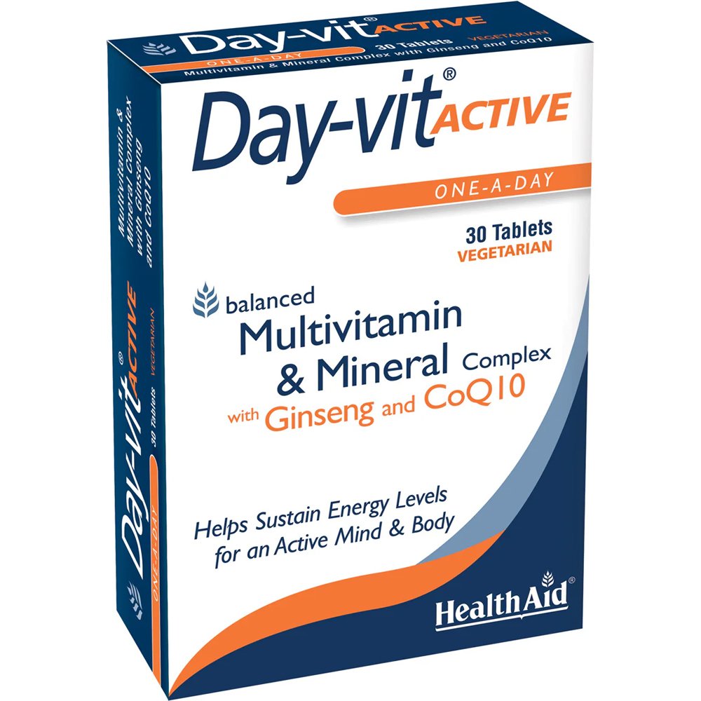 Health Aid Health Aid Day-Vit Active Multivitamin & Mineral with Ginseng & CoQ10 Συμπλήρωμα Διατροφής Πολυβιταμινών, Μετάλλων, Συνενζύμου Q10 & Εκχυλίσματος Τζίνσενγκ για Ενέργεια, Τόνωση & Πνευματική Διαύγεια 30tabs