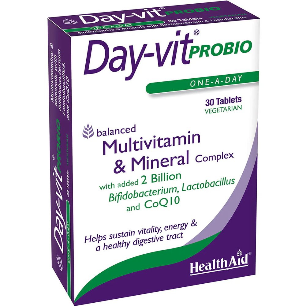 Health Aid Health Aid Day-Vit Probio Multivitamin & Mineral with Probiotics & CoQ10 Συμπλήρωμα Διατροφής Πολυβιταμινών, Μετάλλων, Συνενζύμου Q10 & Προβιοτικών για Ενέργεια, Τόνωση & Καλή Λειτουργία του Γαστρεντερικού Συστήματος 30tabs