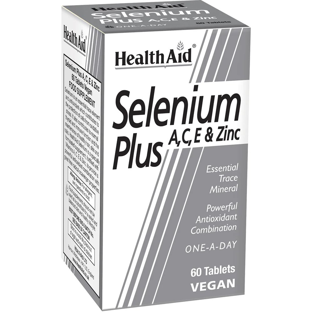 Health Aid Health Aid Selenium Plus A, C, E & Zinc Συμπλήρωμα Διατροφής με Σελήνιο, Βιταμίνες & Ψευδάργυρο για Ενίσχυση του Αναπαραγωγικού Συστήματος, Καλή Λειτουργία του Θυρεοειδούς Αδένα με Αντιοξειδωτική & Αντιγηραντική Δράση 60tabs