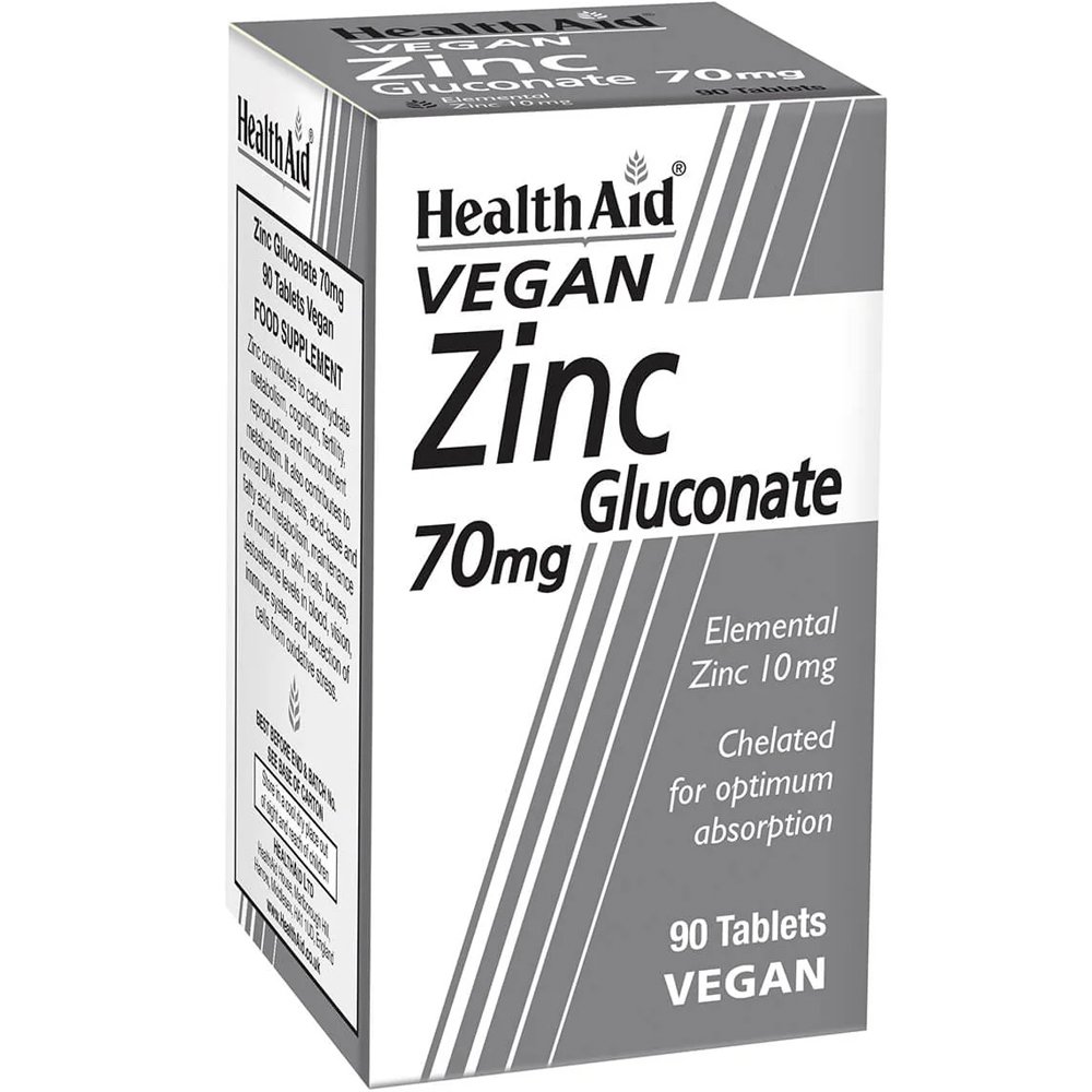 Health Aid Health Aid Vegan Zinc Gluconate 70mg Συμπλήρωμα Διατροφής Ψευδαργύρου Γλυκονικής Μορφής Φυτικής Προέλευσης για την Ενίσχυση του Ανοσοποιητικού & την Καλή Υγεία των Οστών & Δοντιών 90tabs
