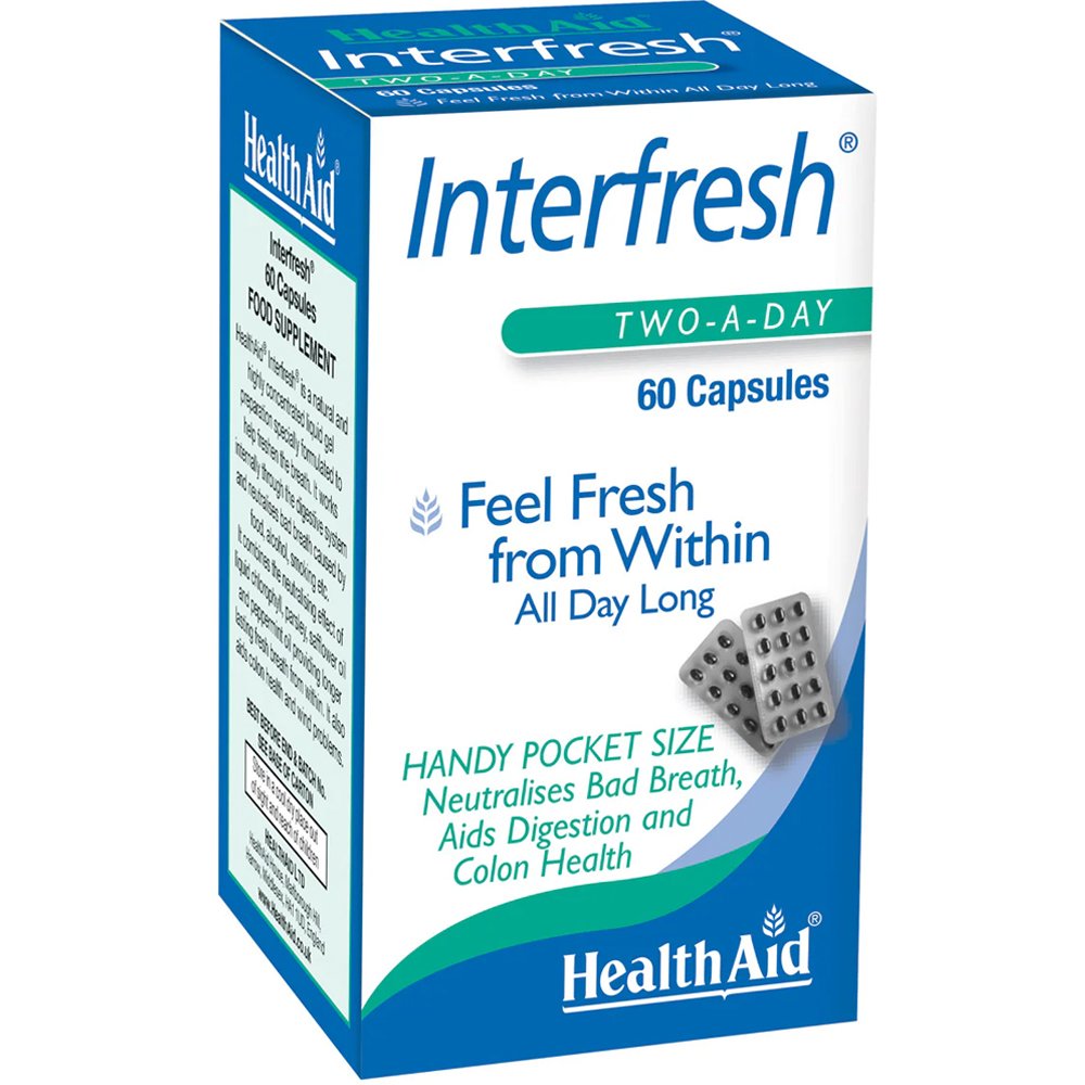Health Aid Health Aid Interfresh Συμπλήρωμα Διατροφής με Έλαιο Μέντας, Μαϊντανού, Κάρθαμου & Χλωροφύλλη για Δροσερή Αναπνοή, Ελαχιστοποίηση του Φουσκώματος & της Δυσάρεστης Οσμής 60caps