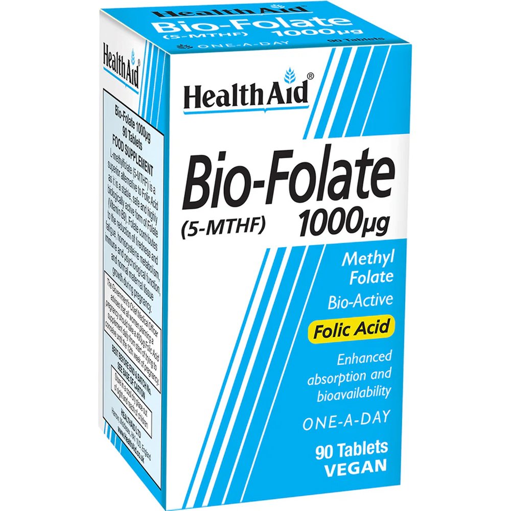 Health Aid Health Aid Bio-Folate 1000μg Συμπλήρωμα Διατροφής Βιοενεργής Μορφής Φολικού Οξέος Ενισχυμένης Απορρόφησης για Σωστή Αιμοποίηση & Ανάπτυξη Μητρικού Ιστού Κατά την Εγκυμοσύνη, Μεταβολισμού Ομοκυστεΐνης & Ενέργεια 90tabs