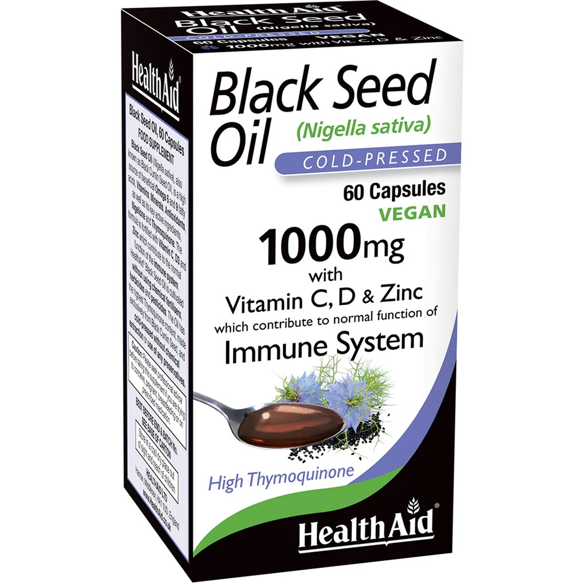 Health Aid Black Seed Oil 1000mg Συμπλήρωμα Διατροφής με Έλαιο Μαύρου Κύμινου Ψυχρής Έκθλιψης, Βιταμίνες C, D & Ψευδάργυρο για την Ενίσχυση της Φυσιολογικής Λειτουργίας του Ανοσοποιητικού 60caps