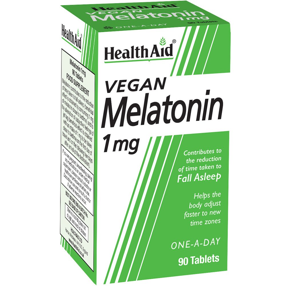 Health Aid Vegan Melatonin Συμπλήρωμα Διατροφής Μελατονίνης Φυτικής Προέλευσης για Μείωση του Χρόνου Έλευσης του Ύπνου Κατά της Αϋπνίας 1mg, 90tabs