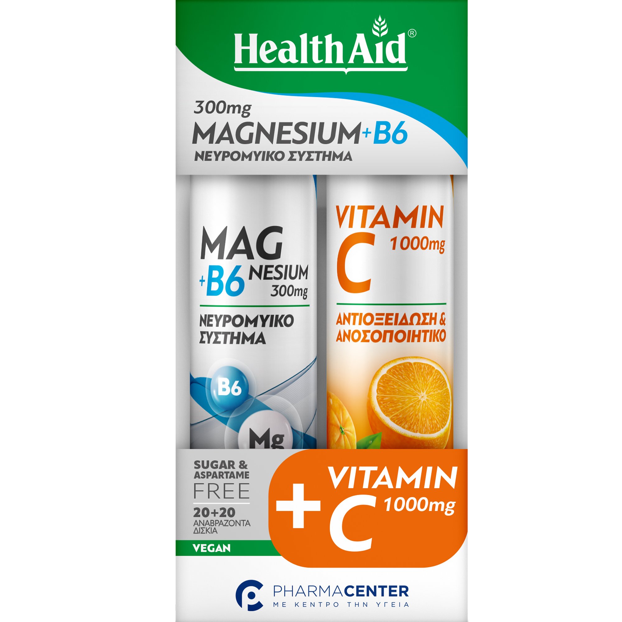 Health Aid Promo Magnesium+B6 300mg Lemon 20 Effer.tabs & Vitamin C 1000mg Orange 20 Effer.tabs