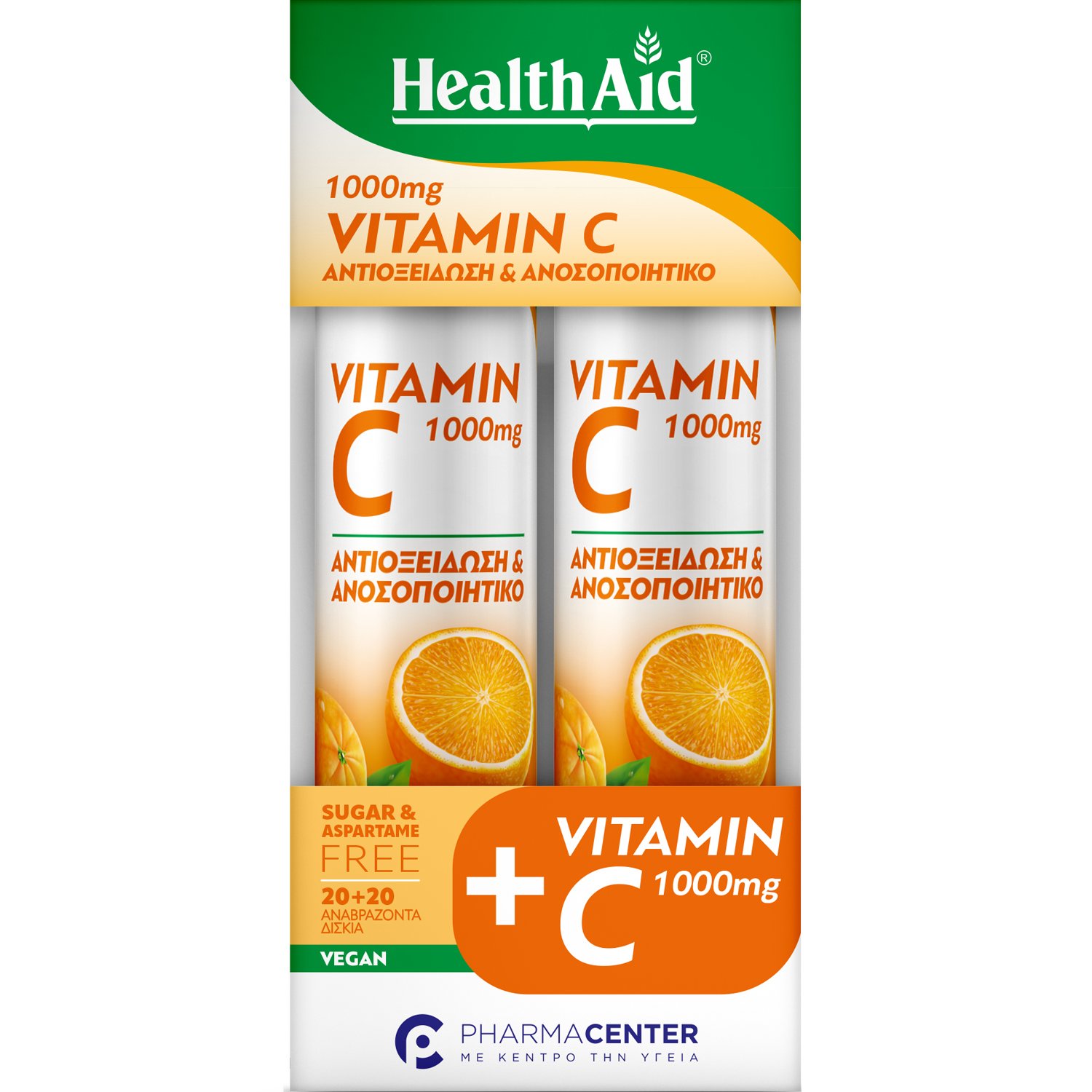 Health Aid Health Aid Promo Vitamin C 1000mg Orange Συμπλήρωμα Διατροφής Βιταμίνης C για Ενίσχυση του Ανοσοποιητικού με Ισχυρές Αντιοξειδωτικές Ιδιότητες με Γεύση Πορτοκάλι 40 Effer.tabs (2x20 Effer.tabs)