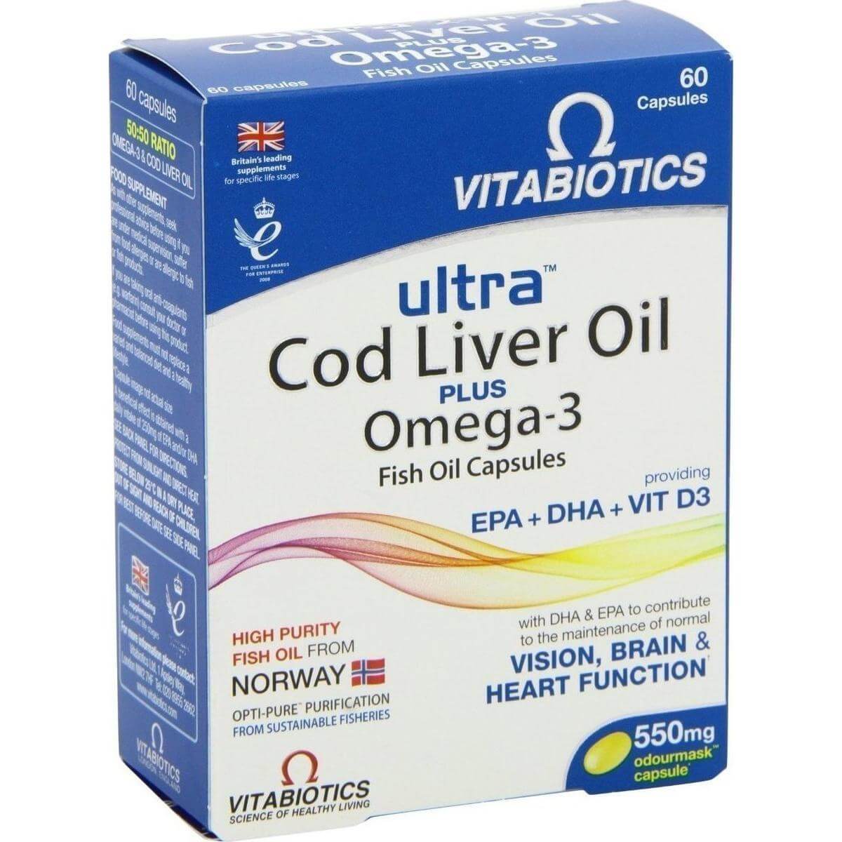 Vitabiotics Ultra Cod Liver Oil Plus Omega 3 Συνδυασμός Ωμέγα-3 Ιχθυελαίων και Μουρουνέλαιου 60caps