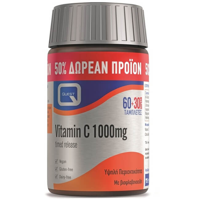 Quest Vitamin C 1000mg Timed Release Συμπλήρωμα Διατροφής Βιταμίνης C σε Συνδυασμό με Βιοφλαβονοειδή 60+30 tabs