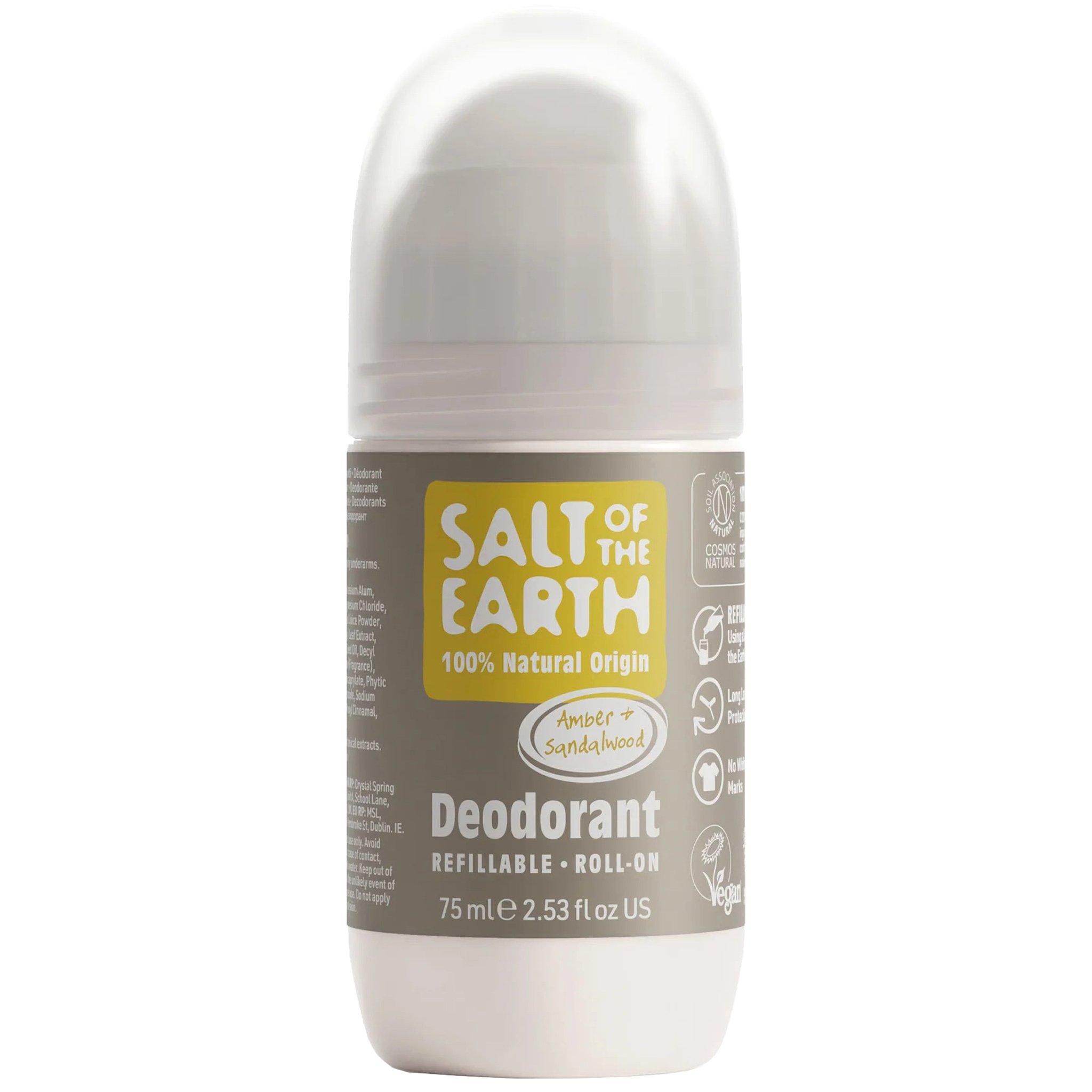 Salt of the Earth Natural Refillable Roll-On Deodorant Αποσμητικό Roll-On Φυσικής Προέλευσης με Άρωμα Σανταλόξυλου & Κεχριμπαριού 75ml - Amber & Sandalwood