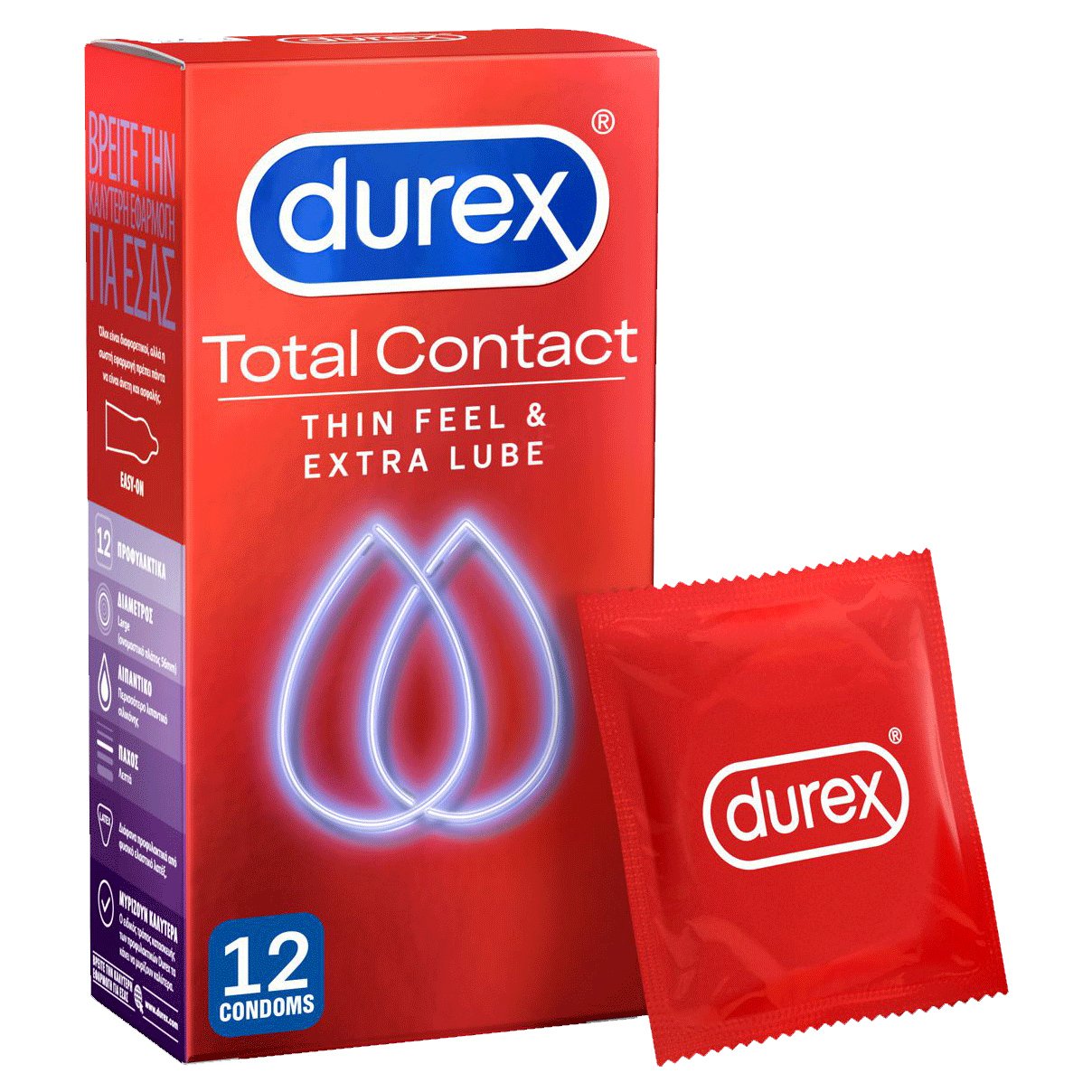 Durex Total Contact Πολύ Λεπτά Προφυλακτικά με Περισσότερο Λιπαντικό 12 Τεμάχια