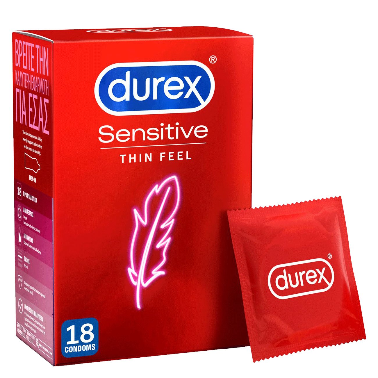 Durex Sensitive Condom Προφυλακτικά Λεπτά Για Μεγαλύτερη Ευαισθησία 18τεμ