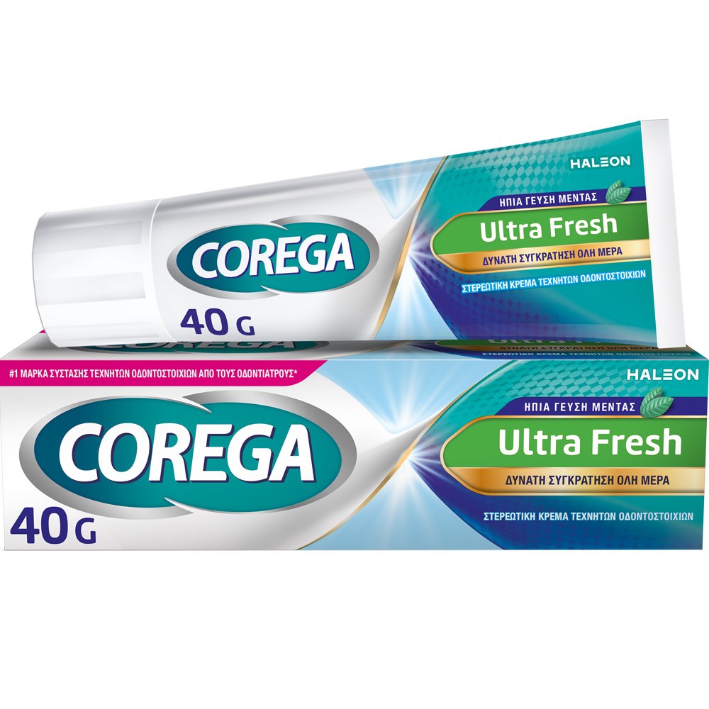 Corega Corega Ultra Fresh Στερεωτική Κρέμα Οδοντοστοιχιών Προσφέρει Δυνατή Συγκράτηση με Δροσερή Γεύση Μέντας 40g