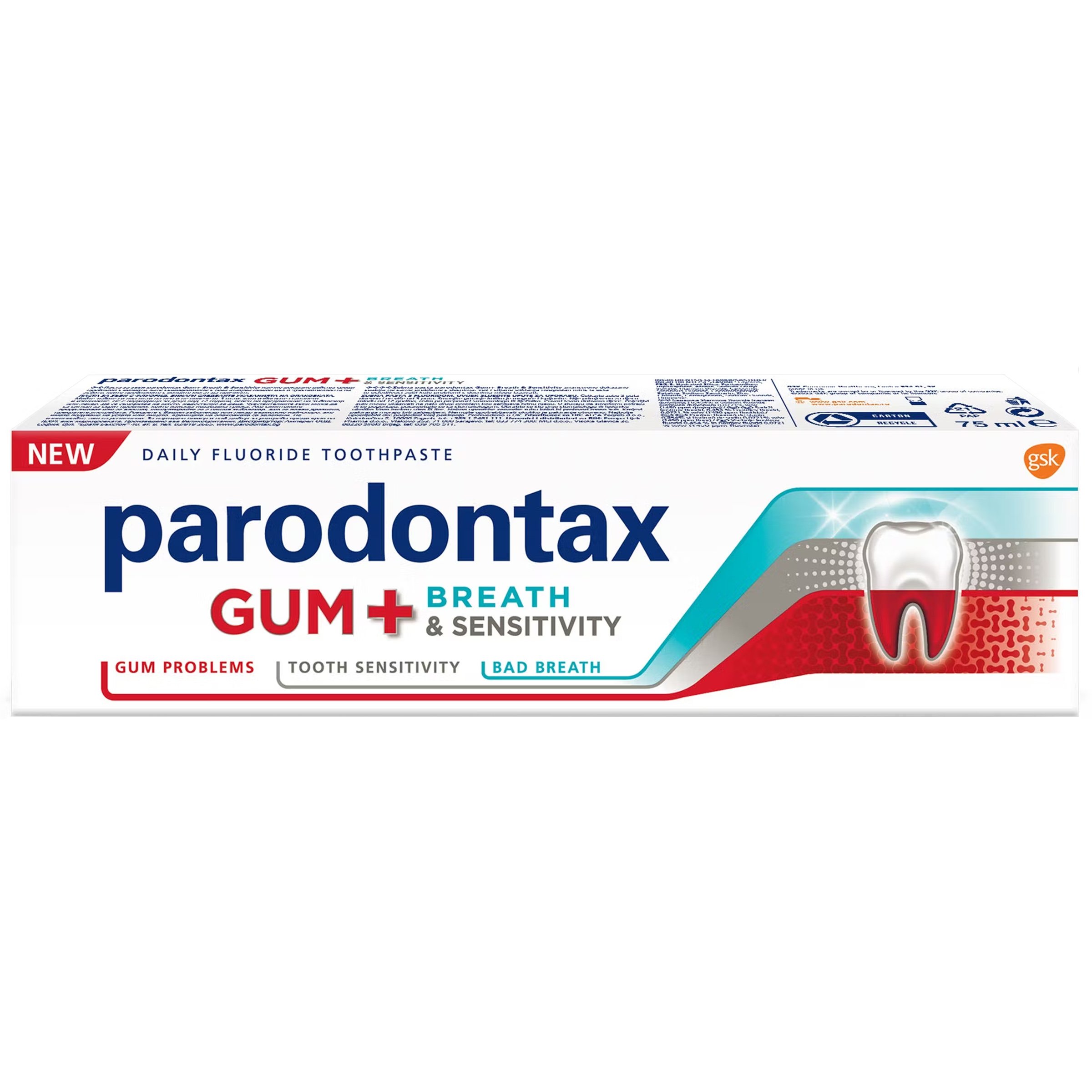 Parodontax Gum+ Breath & Sensitivity Toothpaste Φθοριούχος Οδοντόκρεμα για Ανακούφιση από την Ευαισθησία των Δοντιών, Ούλων & την Δυσάρεστη Αναπνοή 75ml