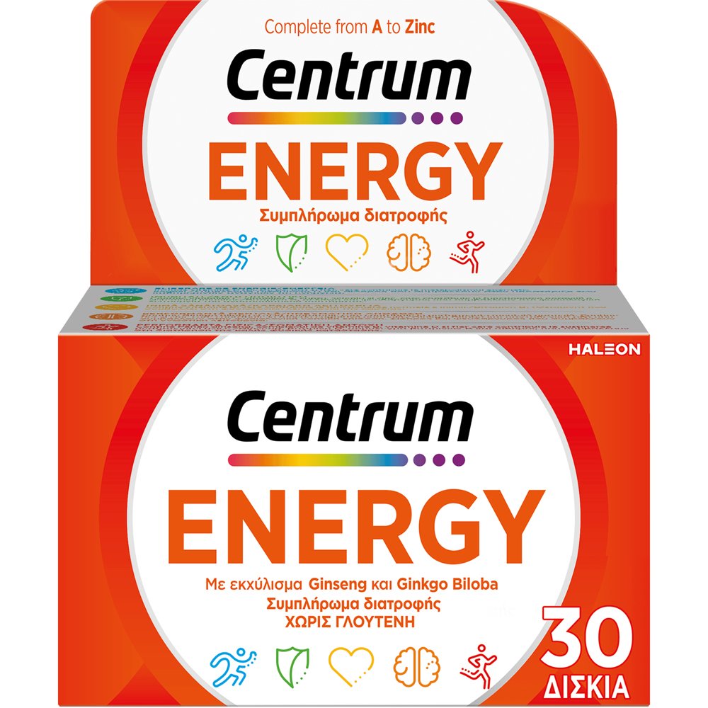 Centrum Centrum Energy Daily Multivitamin Συμπλήρωμα Διατροφής με Βιταμίνες, Μέταλλα, Ginseng & Ginkgo Biloba για Ενέργεια & Ενίσχυση της Πνευματικής Απόδοσης 30tabs