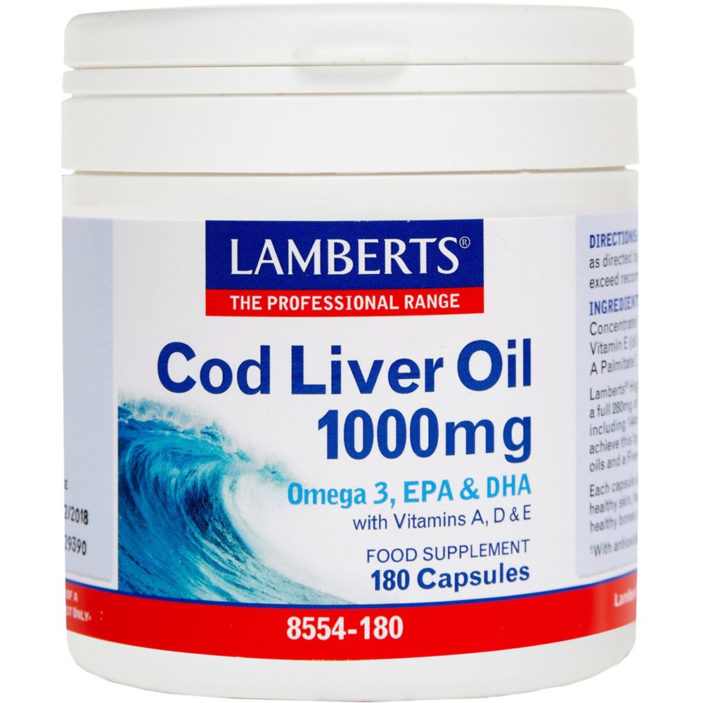 Lamberts Lamberts Cod Liver Oil Συμπλήρωμα Διατροφής με Ωμέγα 3 Λιπαρά Οξέα για τη Σωστή Λειτουργία της Καρδιάς & του Εγκεφάλου 1000mg, 180caps