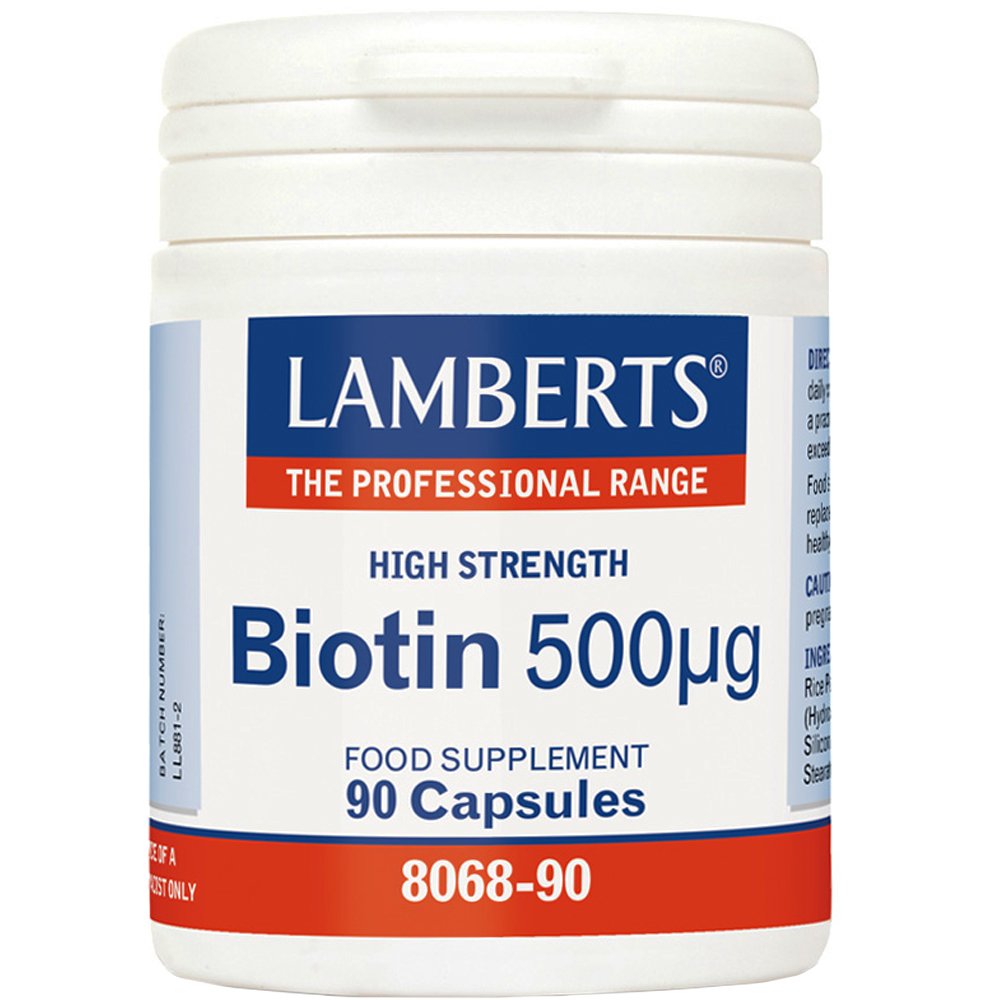 Lamberts Biotin Συμπλήρωμα Διατροφής Βιοτίνης που Συμβάλλει στη Φυσιολογική Λειτουργία του Νευρικού Συστήματος & στην Υγεία των Μαλλιών του Δέρματος & Νυχιών 500mg, 90caps