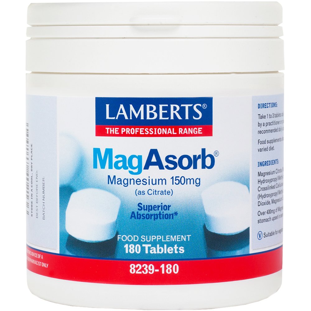 Lamberts MagAsorb Συμπλήρωμα Διατροφής Μαγνησίου για την Ανάπτυξη των Οστών, τη Σωστή Λειτουργία Νευρικού Συστήματος & των Μυών 150mg, 180tabs