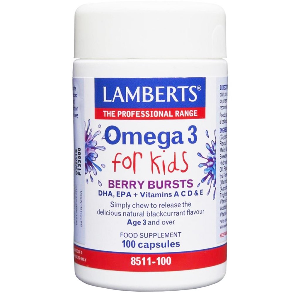 Lamberts Omega 3 for Kids Berry Bursts Συμπλήρωμα Διατροφής για Παιδιά από 3 Ετών με Ω3 & Βιταμίνες για τη Σωστή Ανάπτυξη του Εγκεφάλου σε Μασώμενη Κάψουλα με Γεύση Φραγκοστάφυλο 100caps