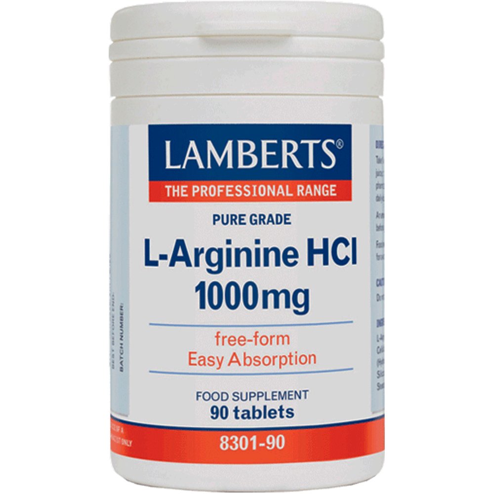 Lamberts L-Arginine HCL Συμπλήρωμα Διατροφής Αργινίνης για την Καλή Λειτουργία του Κυκλοφορικού, Αντιμετώπιση Τραυματισμών & Βελτίωση Ανδρικής Σεξουαλικής Υγείας 1000mg, 90tabs