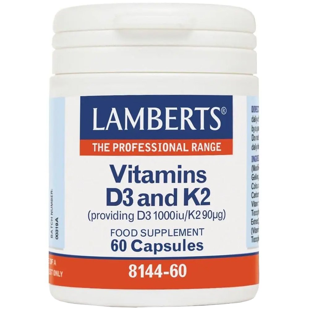Lamberts Vitamis D3 & K2 Συμπλήρωμα Διατροφής με Υψηλής Ισχύος Σύμπλεγμα Βιταμίνης Κ2 & Βιταμίνης D3 για την Υγεία των Οστών 1000iu & 90μg 60caps